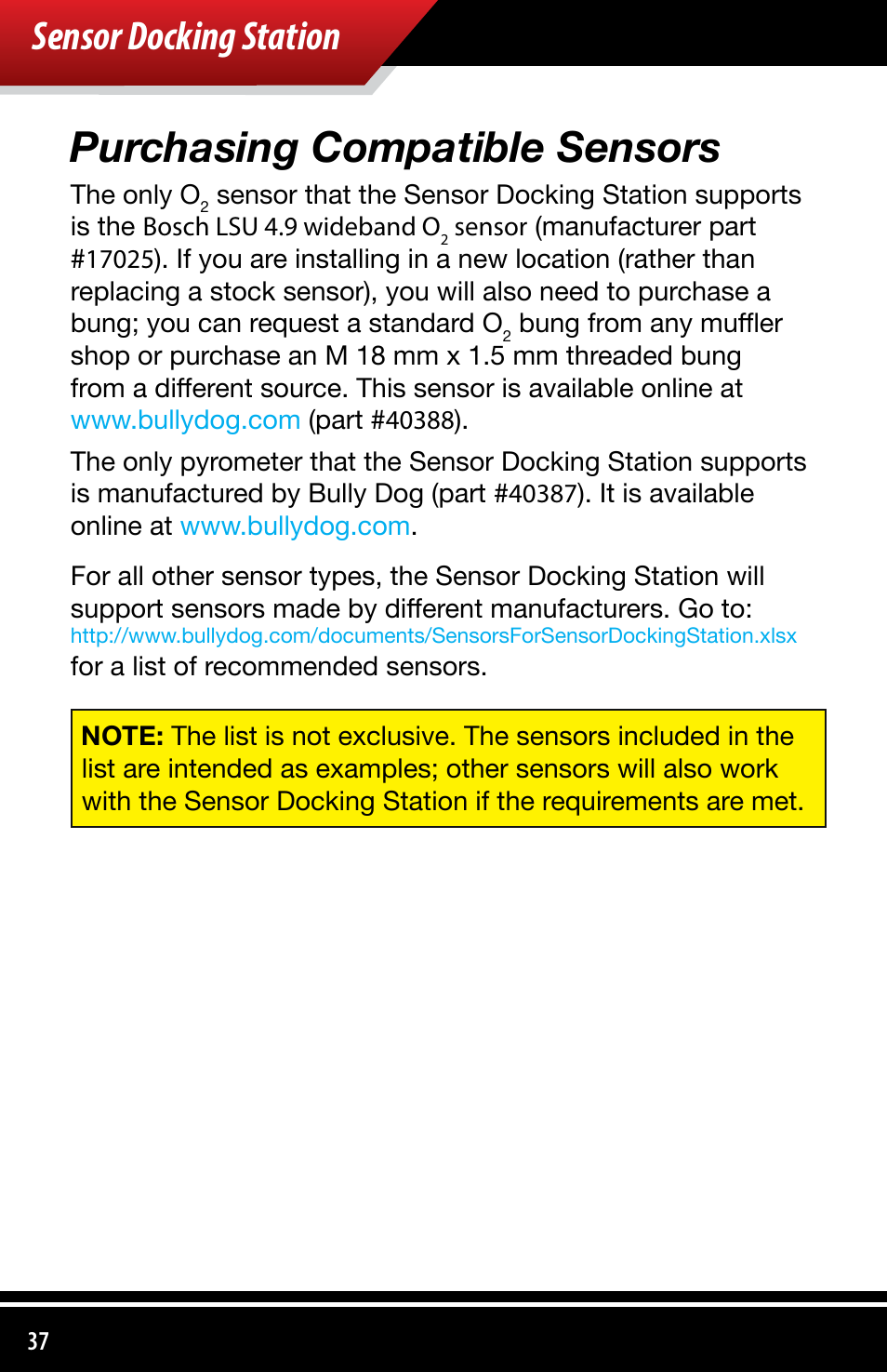 Purchasing compatible sensors, Sensor docking station | Bully Dog 4038x Sensor Docking Station User Manual | Page 38 / 40