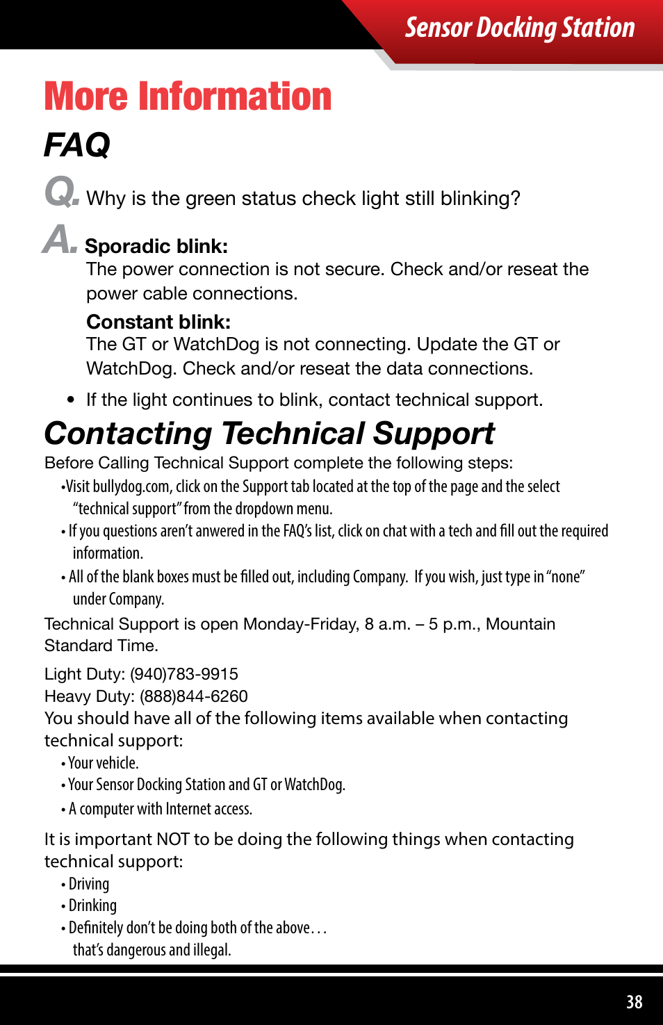 More information, Contacting technical support, Sensor docking station | Bully Dog 4038x Sensor Docking Station User Manual | Page 39 / 40