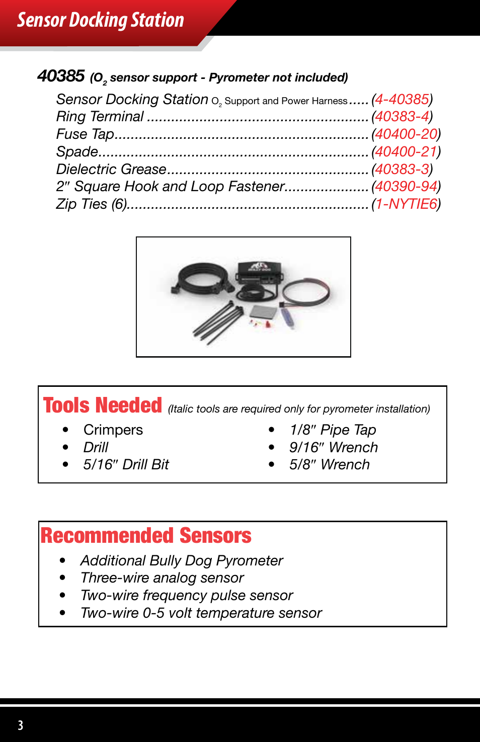 Sensor docking station, Tools needed, Recommended sensors | Bully Dog 4038x Sensor Docking Station User Manual | Page 4 / 40