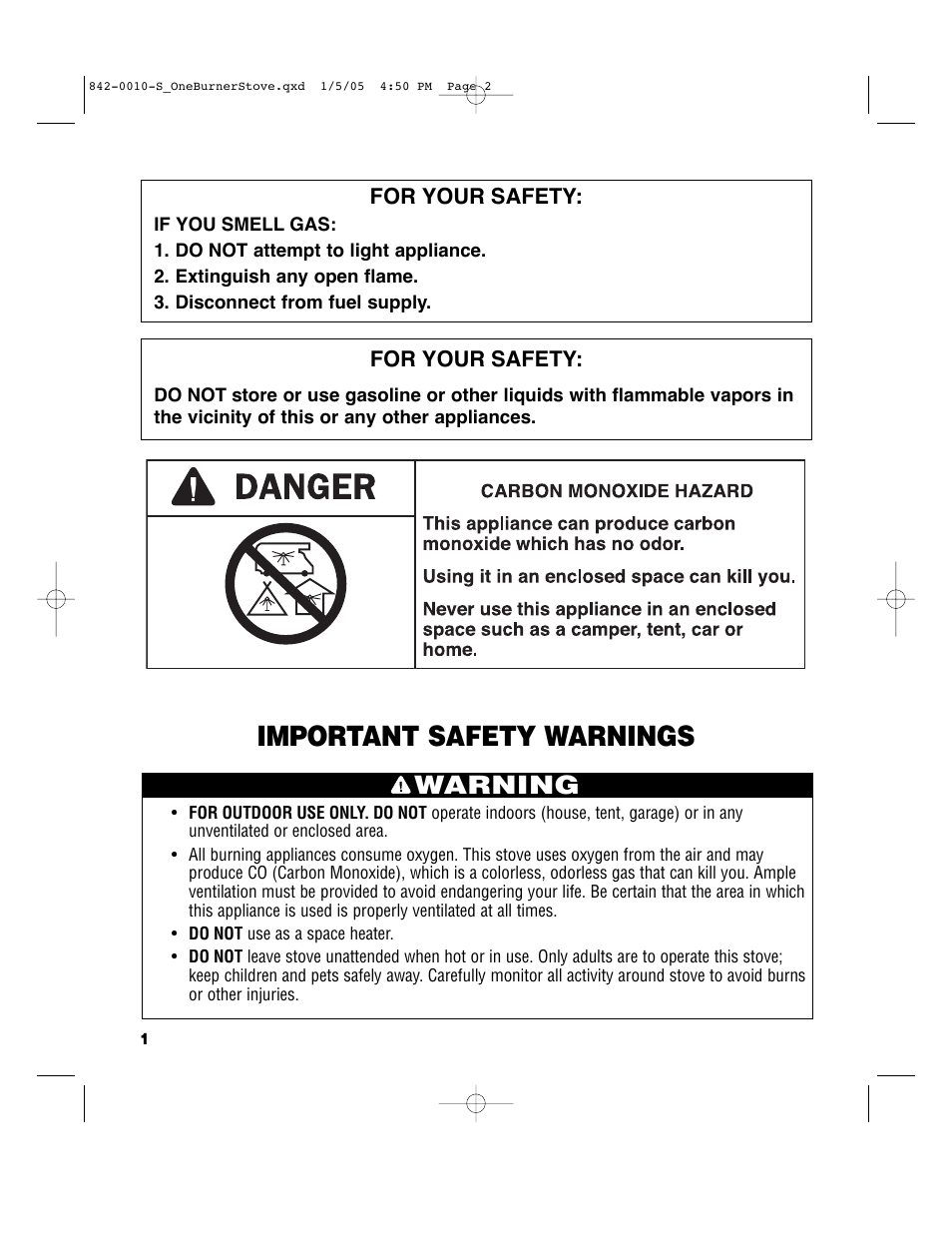 Important safety warnings, Warning | Brinkmann SINGLE BURNER PROPANE STOVE User Manual | Page 2 / 8