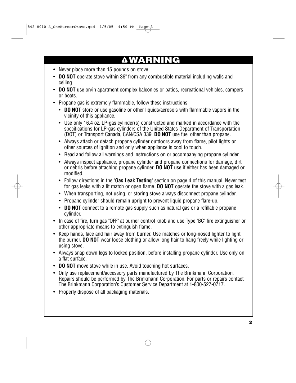 Warning | Brinkmann SINGLE BURNER PROPANE STOVE User Manual | Page 3 / 8