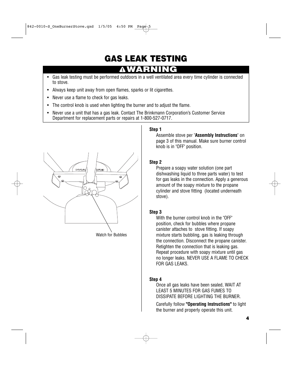 Gas leak testing, Warning | Brinkmann SINGLE BURNER PROPANE STOVE User Manual | Page 5 / 8