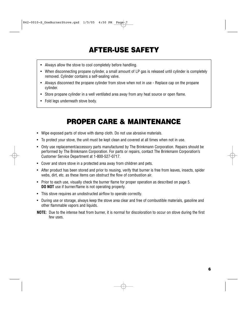 After-use safety, Proper care & maintenance | Brinkmann SINGLE BURNER PROPANE STOVE User Manual | Page 7 / 8
