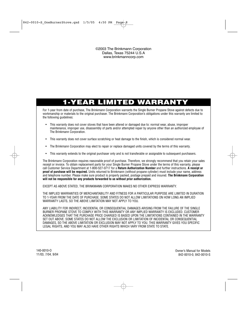Year limited warranty | Brinkmann SINGLE BURNER PROPANE STOVE User Manual | Page 8 / 8