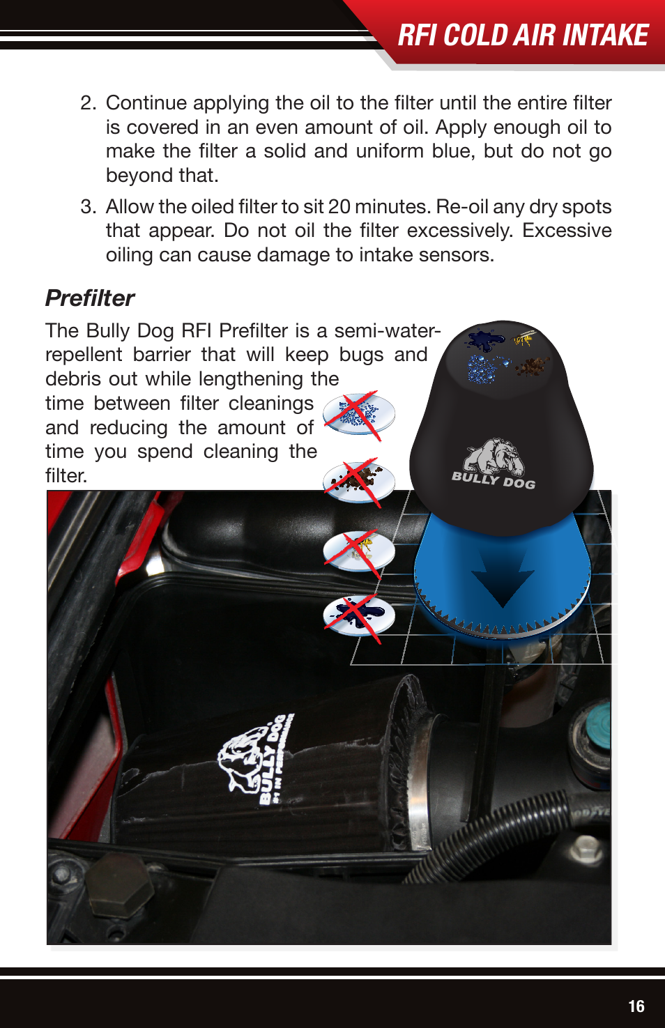 Rfi cold air intake, Prefilter | Bully Dog 54200 Rapid Flow Induction (RFI) Cold Air Intake User Manual | Page 17 / 20