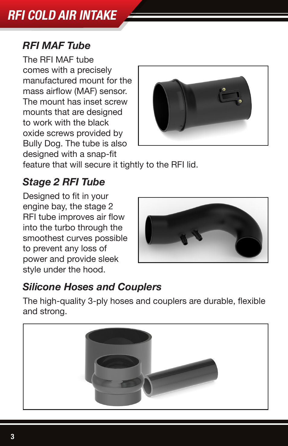 Rfi cold air intake, Rfi maf tube, Stage 2 rfi tube | Silicone hoses and couplers | Bully Dog 54200 Rapid Flow Induction (RFI) Cold Air Intake User Manual | Page 4 / 20