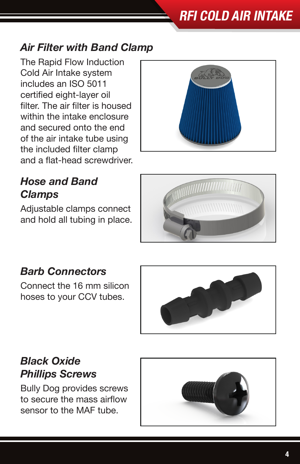 Rfi cold air intake | Bully Dog 54200 Rapid Flow Induction (RFI) Cold Air Intake User Manual | Page 5 / 20