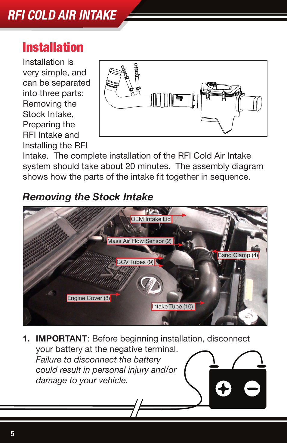 Rfi cold air intake, Installation, Removing the stock intake | Bully Dog 54200 Rapid Flow Induction (RFI) Cold Air Intake User Manual | Page 6 / 20