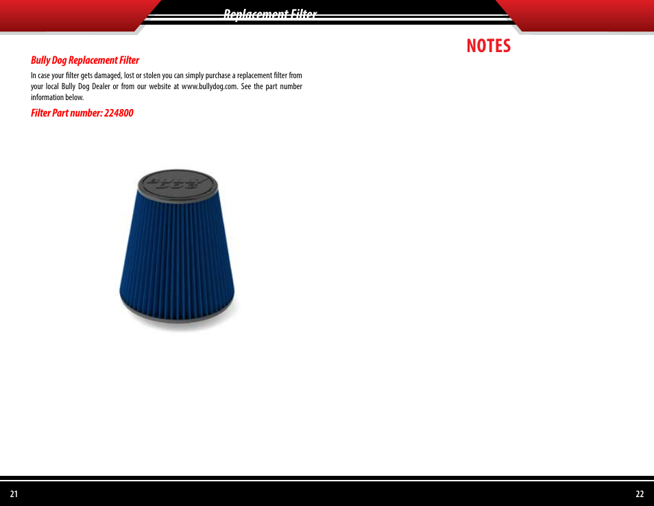 Replacement filter | Bully Dog 53254 Rapid Flow Induction (RFI) Cold Air Intake User Manual | Page 12 / 13