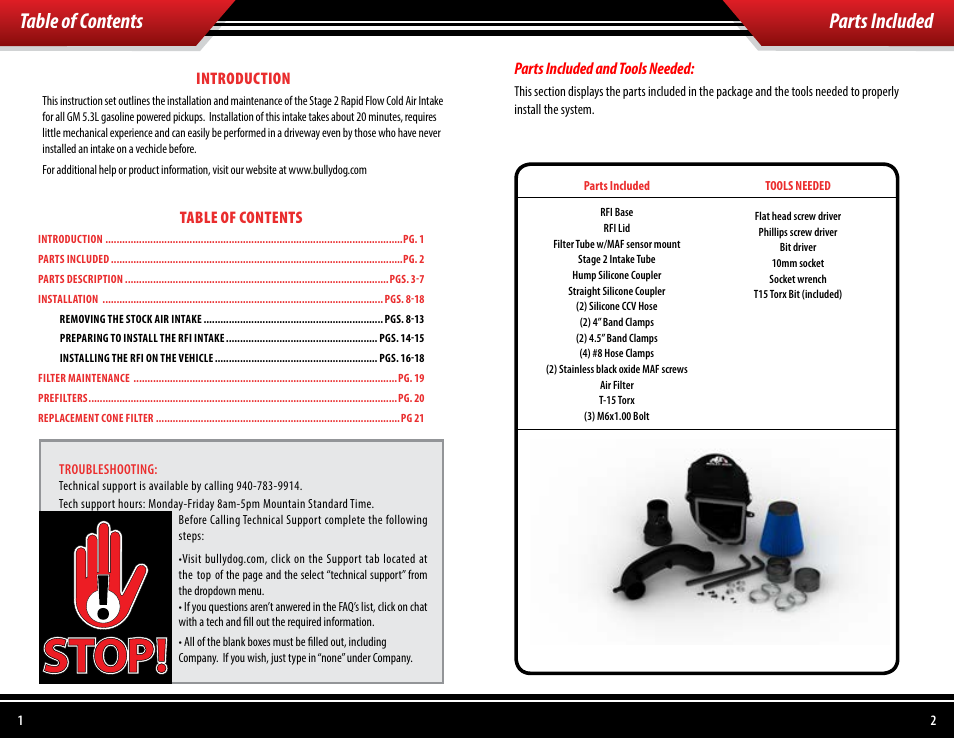 Parts included table of contents | Bully Dog 53254 Rapid Flow Induction (RFI) Cold Air Intake User Manual | Page 2 / 13