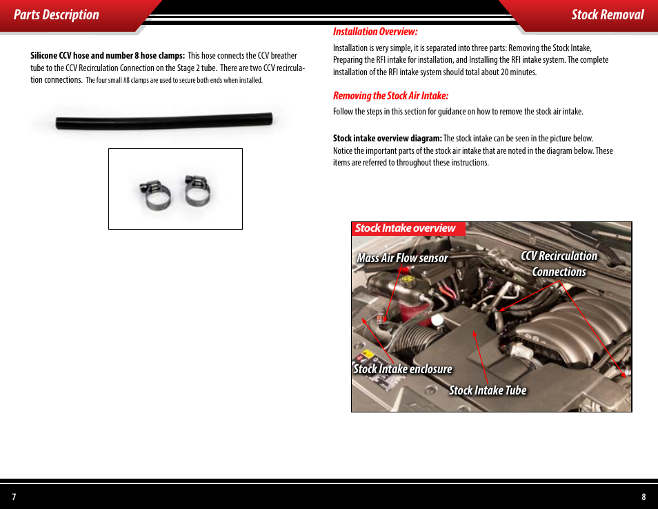 Stock removal, Parts description | Bully Dog 53254 Rapid Flow Induction (RFI) Cold Air Intake User Manual | Page 5 / 13