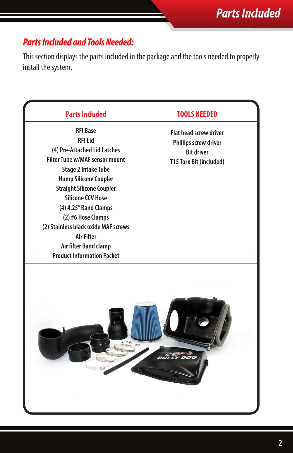 Parts included, Parts included and tools needed | Bully Dog 53253 Rapid Flow Induction (RFI) Cold Air Intake User Manual | Page 3 / 24