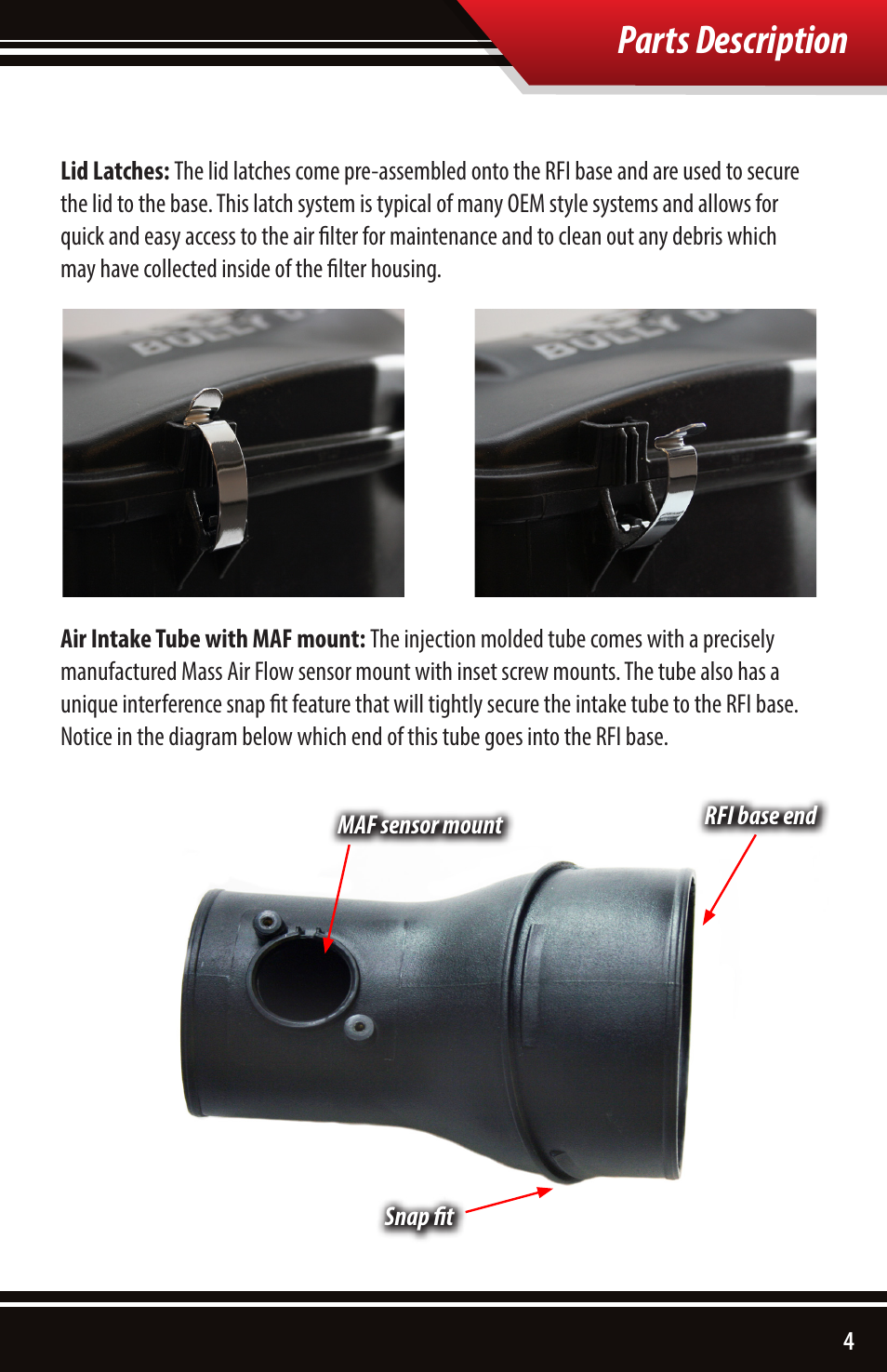 Parts description | Bully Dog 53253 Rapid Flow Induction (RFI) Cold Air Intake User Manual | Page 5 / 24