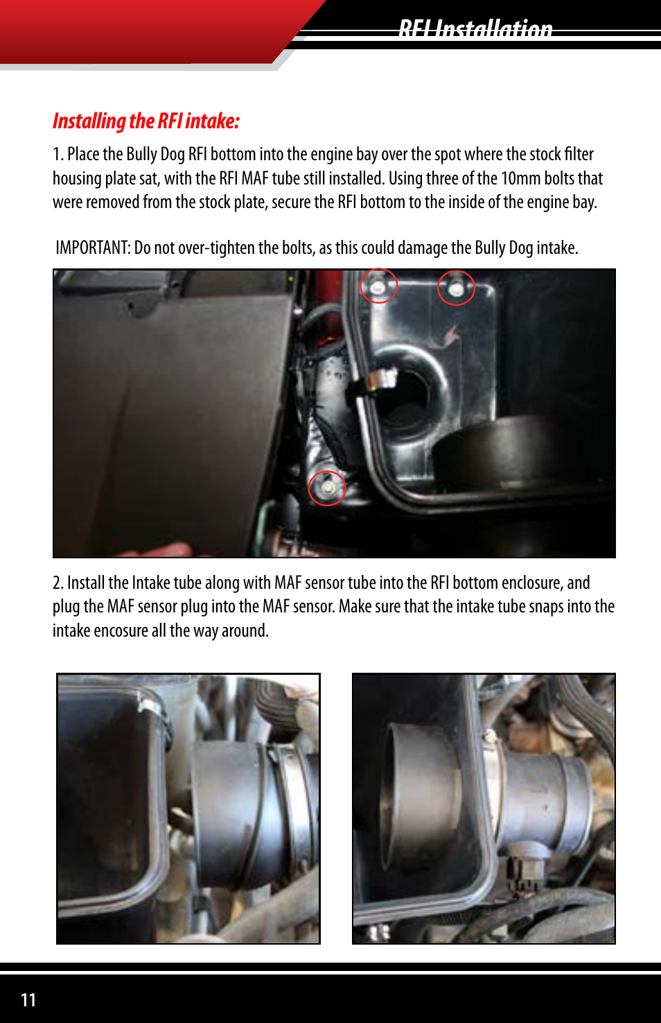 Rfi installation | Bully Dog 53252 Rapid Flow Induction (RFI) Cold Air Intake User Manual | Page 12 / 20
