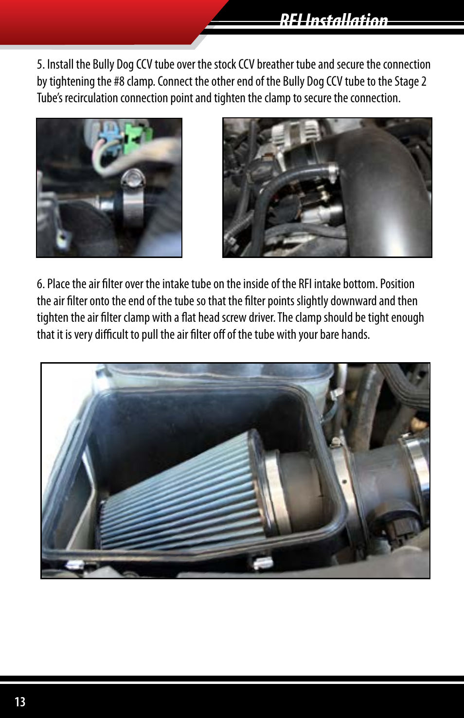 Rfi installation | Bully Dog 53252 Rapid Flow Induction (RFI) Cold Air Intake User Manual | Page 14 / 20