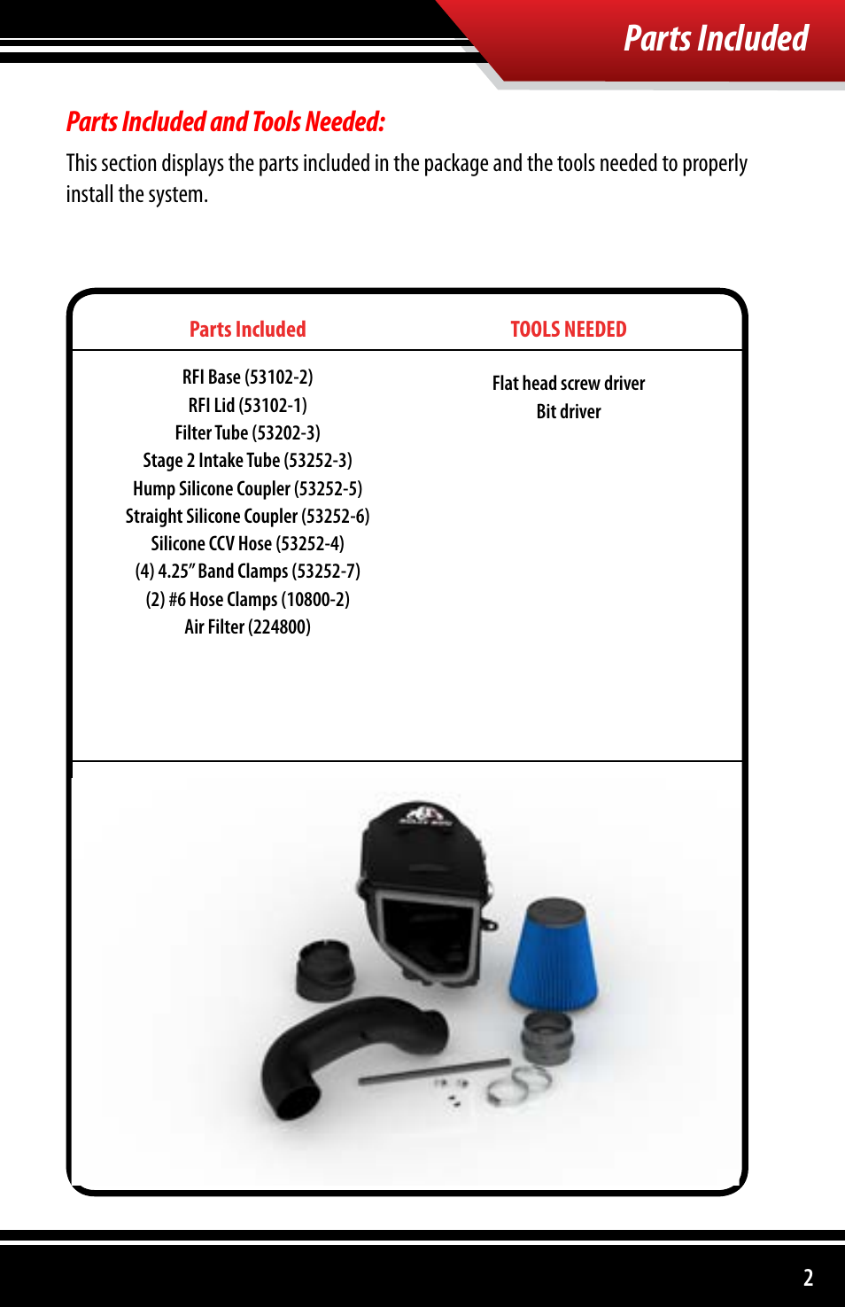 Parts included, Parts included and tools needed | Bully Dog 53252 Rapid Flow Induction (RFI) Cold Air Intake User Manual | Page 3 / 20