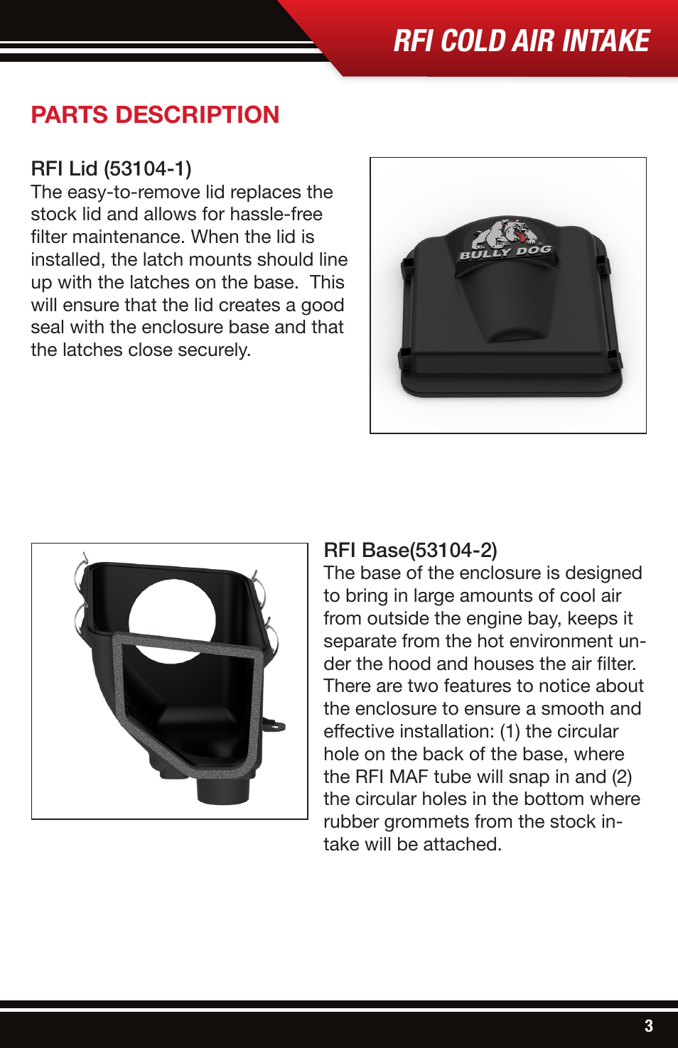 Rfi cold air intake, Parts description | Bully Dog 53206 Rapid Flow Induction (RFI) Cold Air Intake User Manual | Page 3 / 16