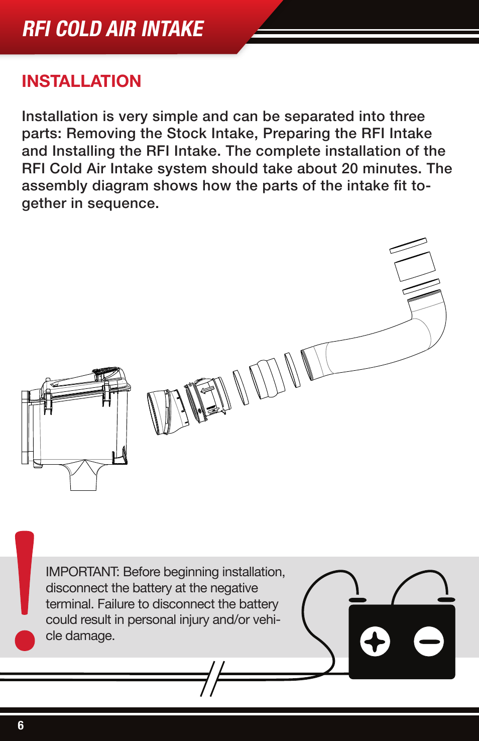 Rfi cold air intake, Installation | Bully Dog 53206 Rapid Flow Induction (RFI) Cold Air Intake User Manual | Page 6 / 16