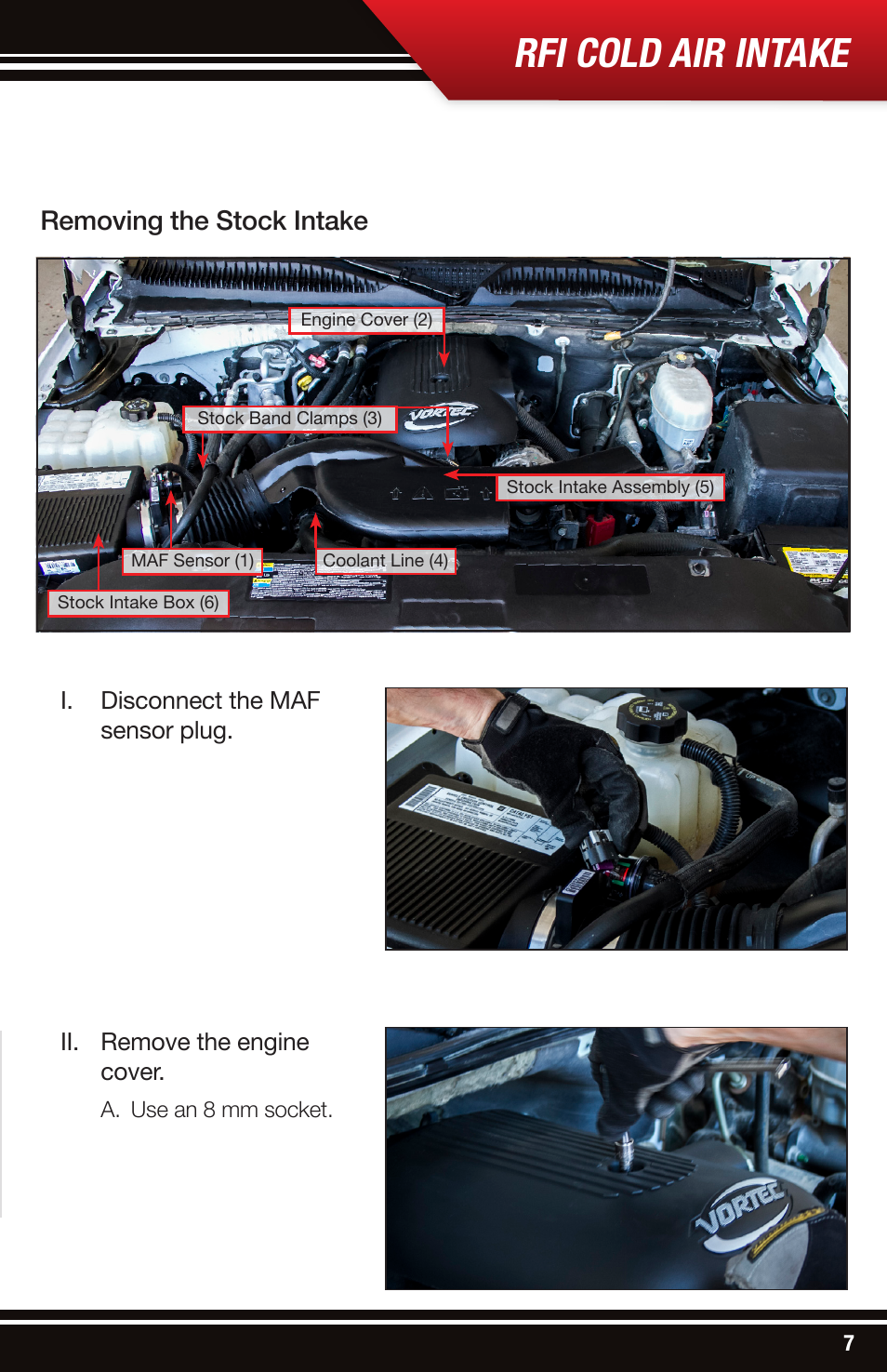 Rfi cold air intake, Removing the stock intake | Bully Dog 53206 Rapid Flow Induction (RFI) Cold Air Intake User Manual | Page 7 / 16