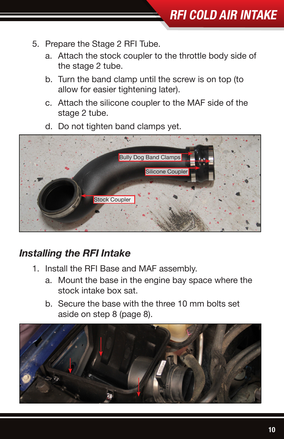 Rfi cold air intake, Installing the rfi intake | Bully Dog 53204 Rapid Flow Induction (RFI) Cold Air Intake User Manual | Page 11 / 16
