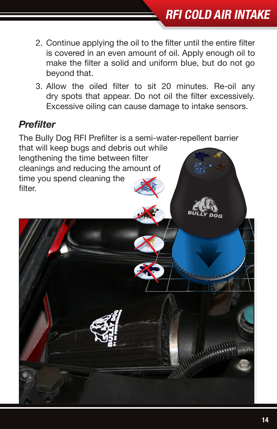 Rfi cold air intake, Prefilter | Bully Dog 53204 Rapid Flow Induction (RFI) Cold Air Intake User Manual | Page 15 / 16