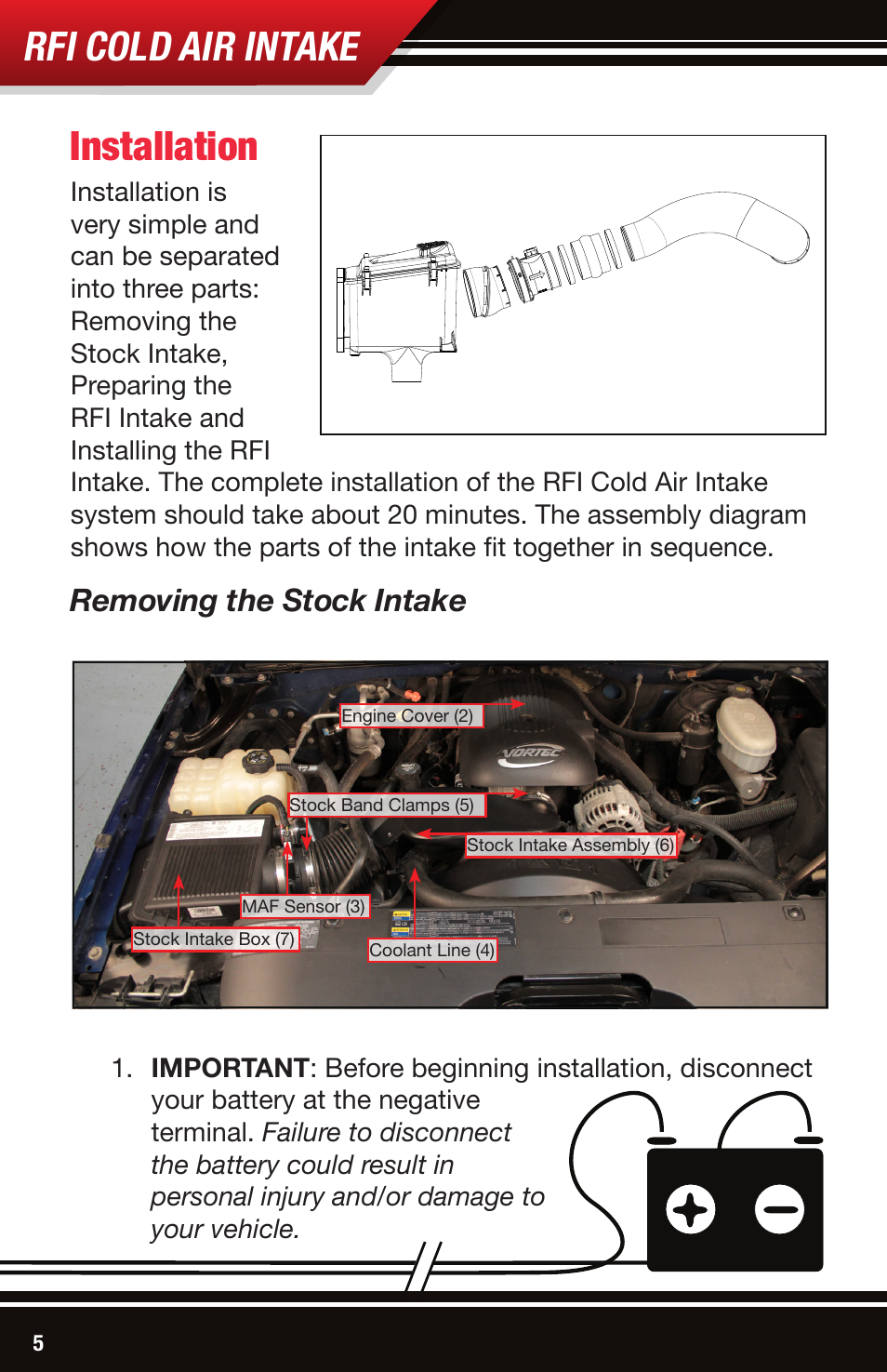 Rfi cold air intake, Installation, Removing the stock intake | Bully Dog 53204 Rapid Flow Induction (RFI) Cold Air Intake User Manual | Page 6 / 16