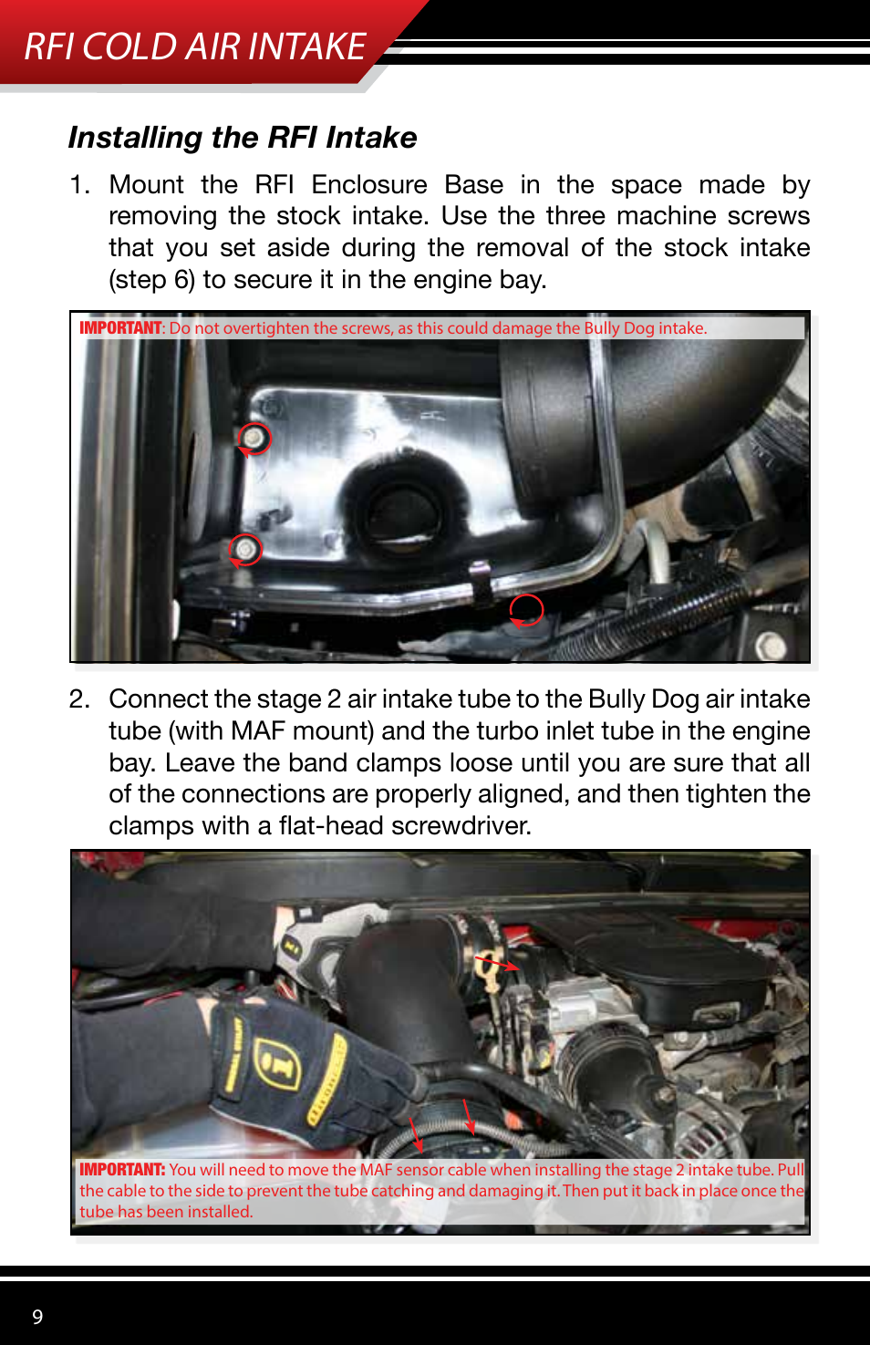 Rfi cold air intake, Installing the rfi intake | Bully Dog 53153 Rapid Flow Induction (RFI) Cold Air Intake User Manual | Page 10 / 16
