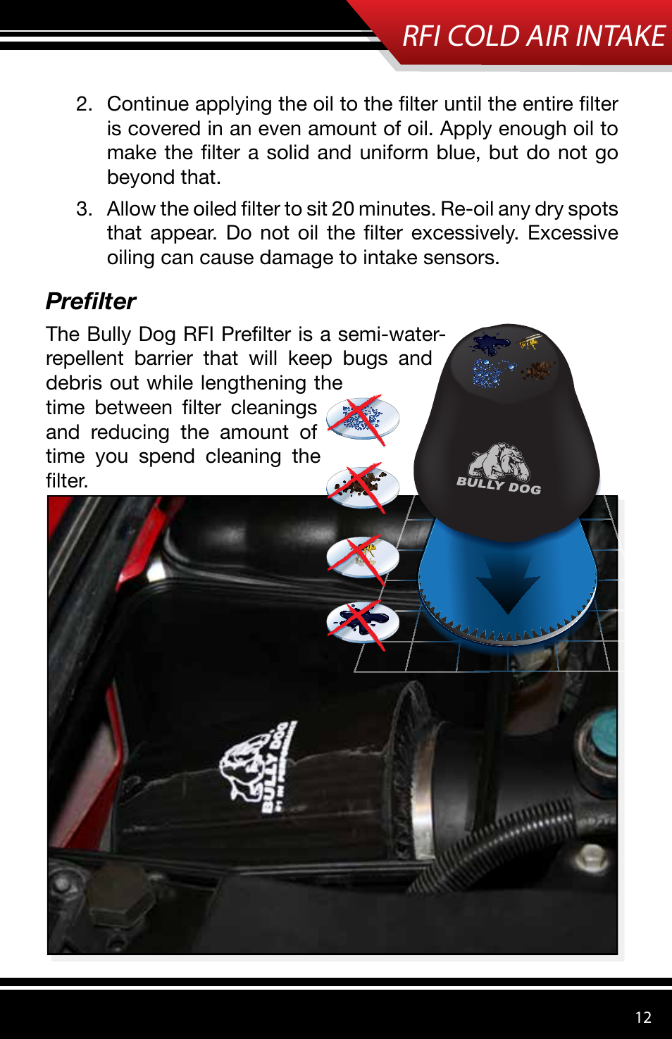 Rfi cold air intake, Prefilter | Bully Dog 53153 Rapid Flow Induction (RFI) Cold Air Intake User Manual | Page 13 / 16