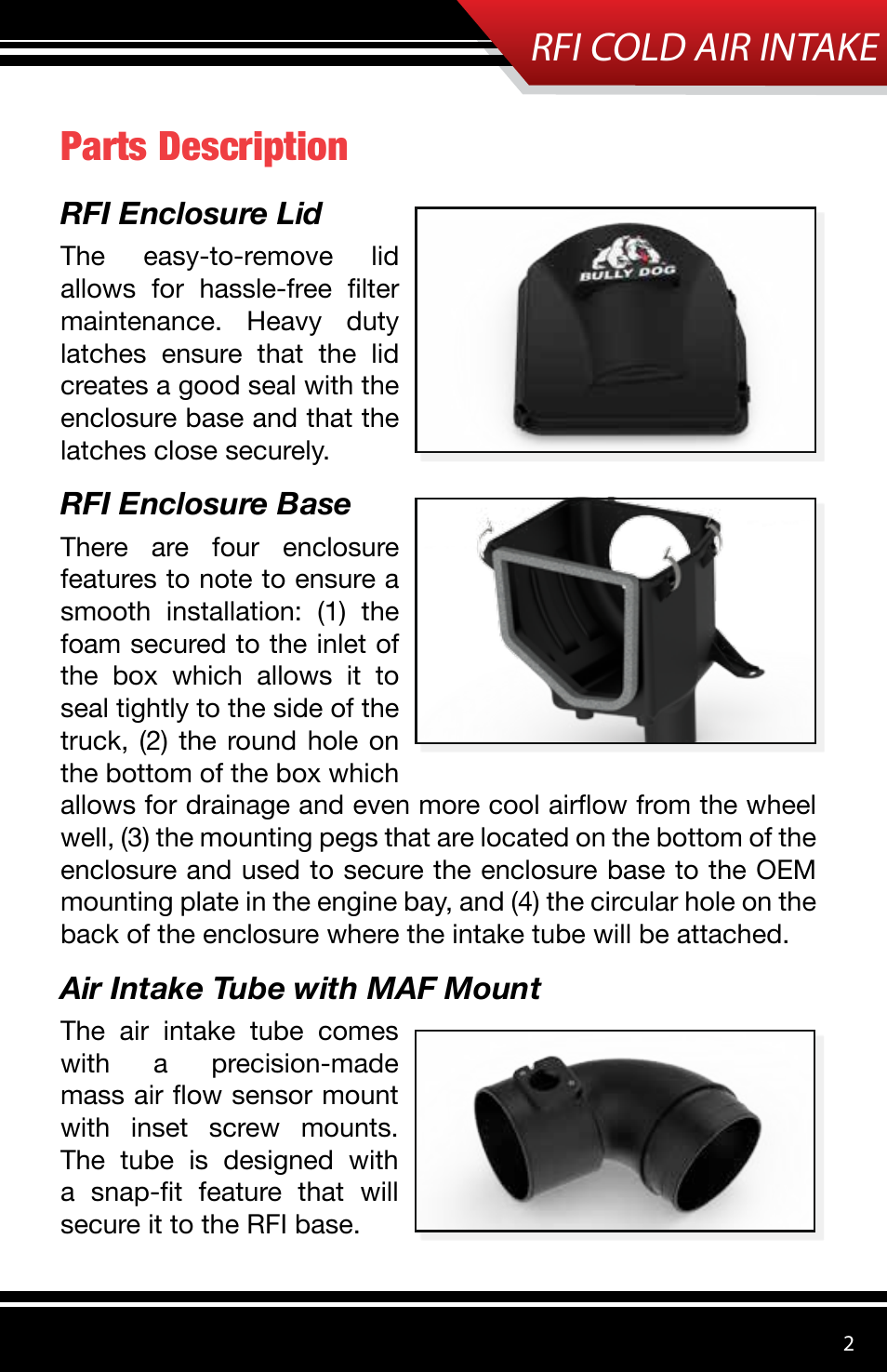 Rfi cold air intake, Parts description, Rfi enclosure lid | Rfi enclosure base, Air intake tube with maf mount | Bully Dog 53153 Rapid Flow Induction (RFI) Cold Air Intake User Manual | Page 3 / 16