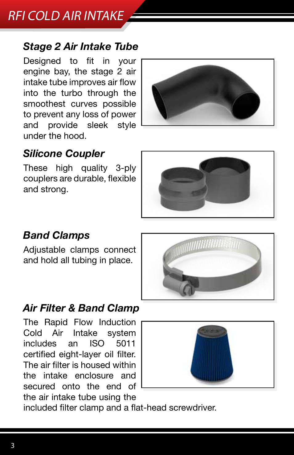 Rfi cold air intake, Stage 2 air intake tube, Silicone coupler | Band clamps, Air filter & band clamp | Bully Dog 53153 Rapid Flow Induction (RFI) Cold Air Intake User Manual | Page 4 / 16