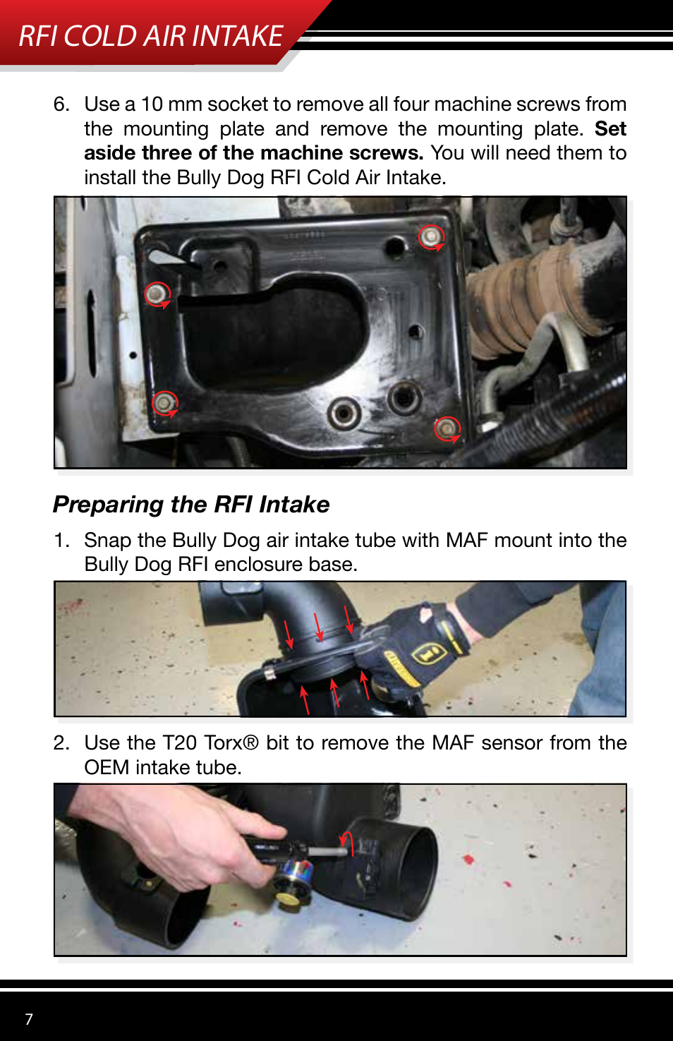 Rfi cold air intake, Preparing the rfi intake | Bully Dog 53153 Rapid Flow Induction (RFI) Cold Air Intake User Manual | Page 8 / 16