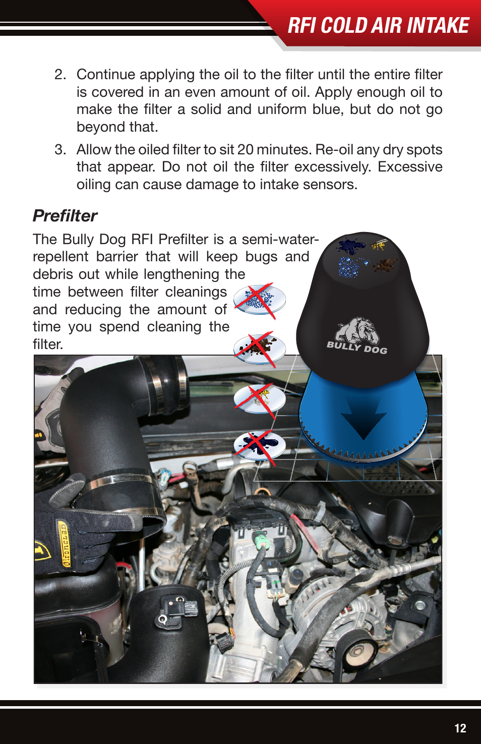 Rfi cold air intake, Prefilter | Bully Dog 53152 Rapid Flow Induction (RFI) Cold Air Intake User Manual | Page 13 / 16
