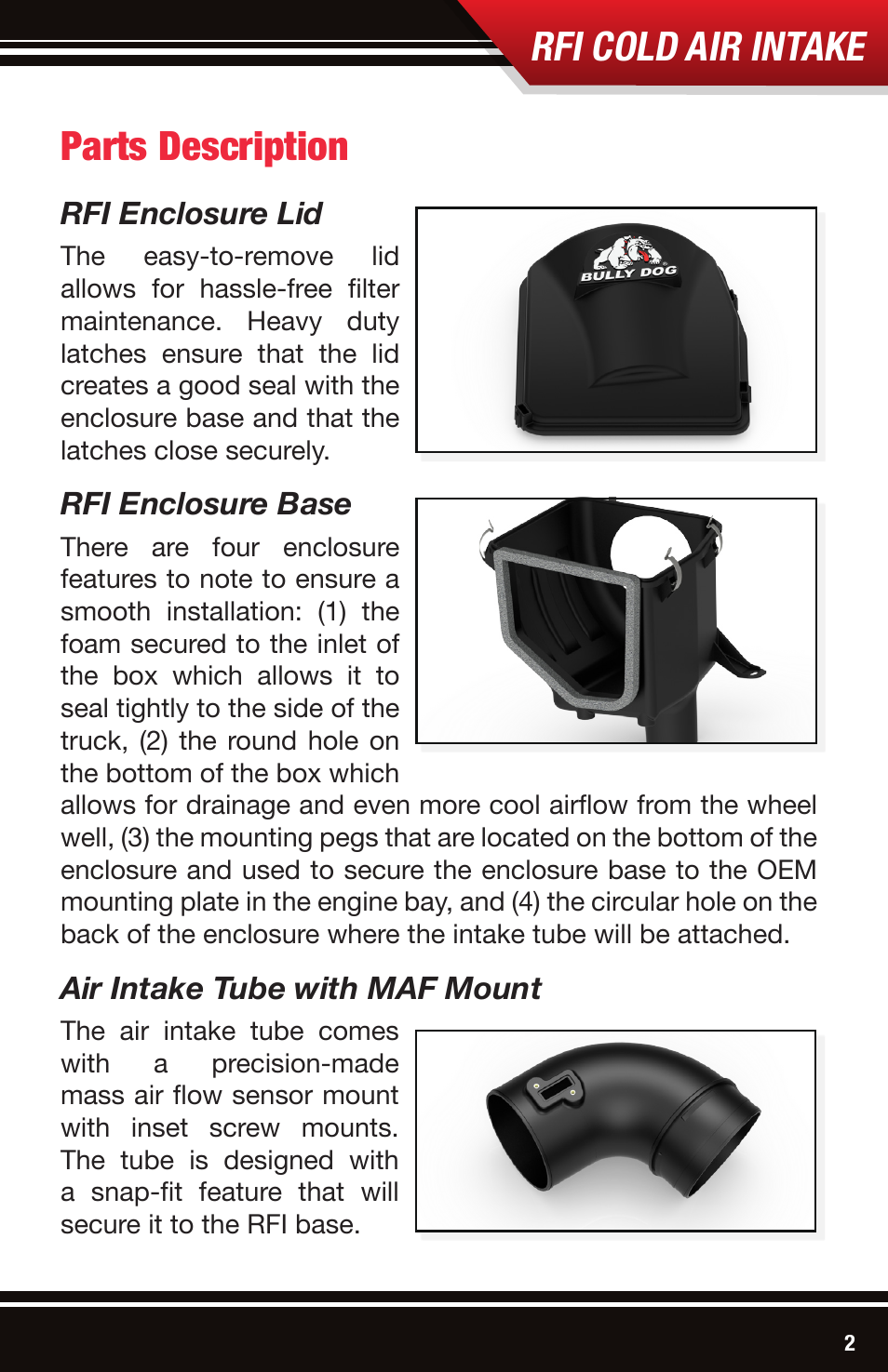 Rfi cold air intake, Parts description, Rfi enclosure lid | Rfi enclosure base, Air intake tube with maf mount | Bully Dog 53152 Rapid Flow Induction (RFI) Cold Air Intake User Manual | Page 3 / 16