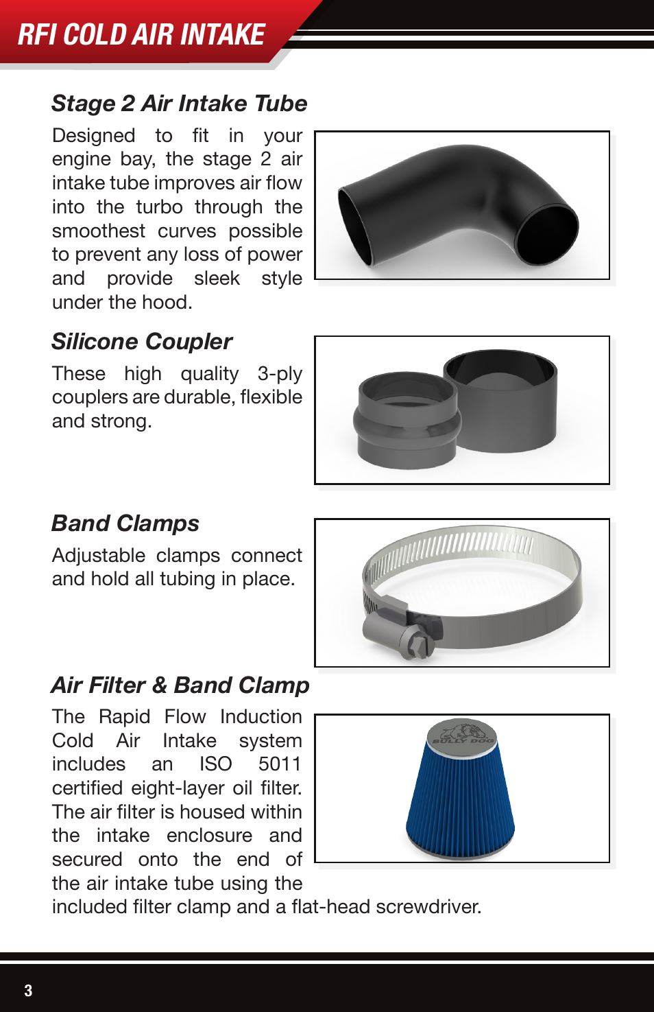 Rfi cold air intake, Stage 2 air intake tube, Silicone coupler | Band clamps, Air filter & band clamp | Bully Dog 53152 Rapid Flow Induction (RFI) Cold Air Intake User Manual | Page 4 / 16