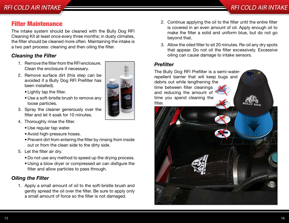 Rfi cold air intake, Filter maintenance | Bully Dog 53108 Rapid Flow Induction (RFI) Cold Air Intake User Manual | Page 9 / 11
