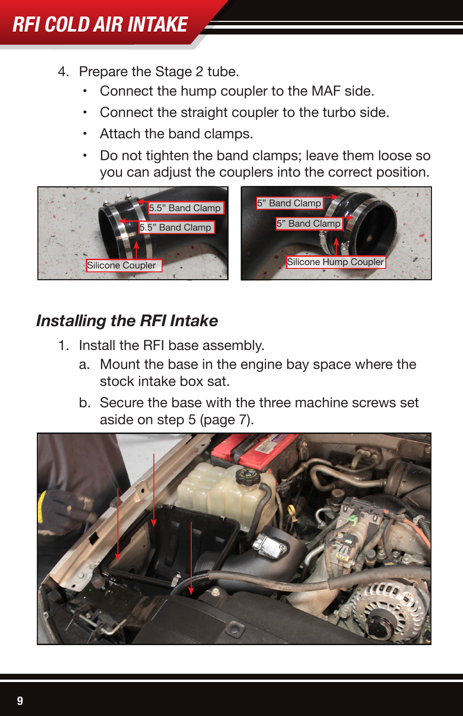 Rfi cold air intake, Installing the rfi intake | Bully Dog 53107 Rapid Flow Induction (RFI) Cold Air Intake User Manual | Page 10 / 16