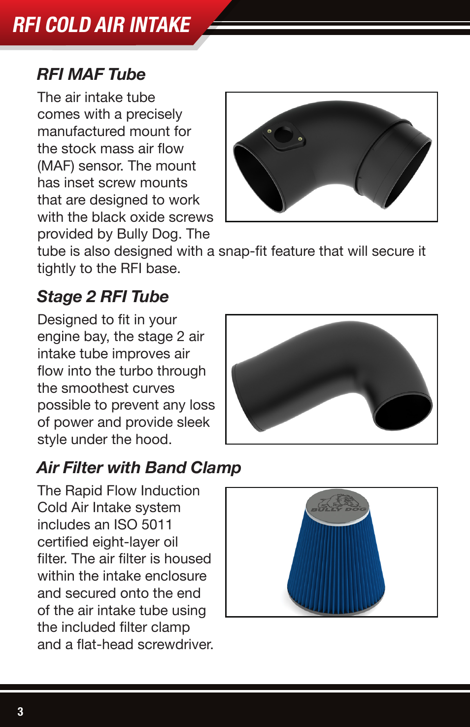 Rfi cold air intake, Rfi maf tube, Stage 2 rfi tube | Air filter with band clamp | Bully Dog 53107 Rapid Flow Induction (RFI) Cold Air Intake User Manual | Page 4 / 16