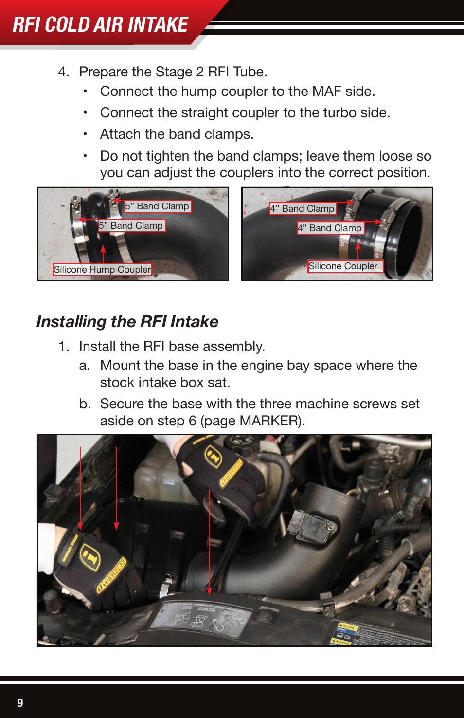 Rfi cold air intake, Installing the rfi intake | Bully Dog 53106 Rapid Flow Induction (RFI) Cold Air Intake User Manual | Page 10 / 16