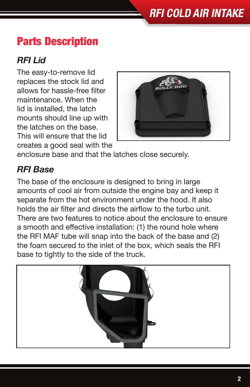 Rfi cold air intake, Parts description, Rfi lid | Rfi base | Bully Dog 53106 Rapid Flow Induction (RFI) Cold Air Intake User Manual | Page 3 / 16