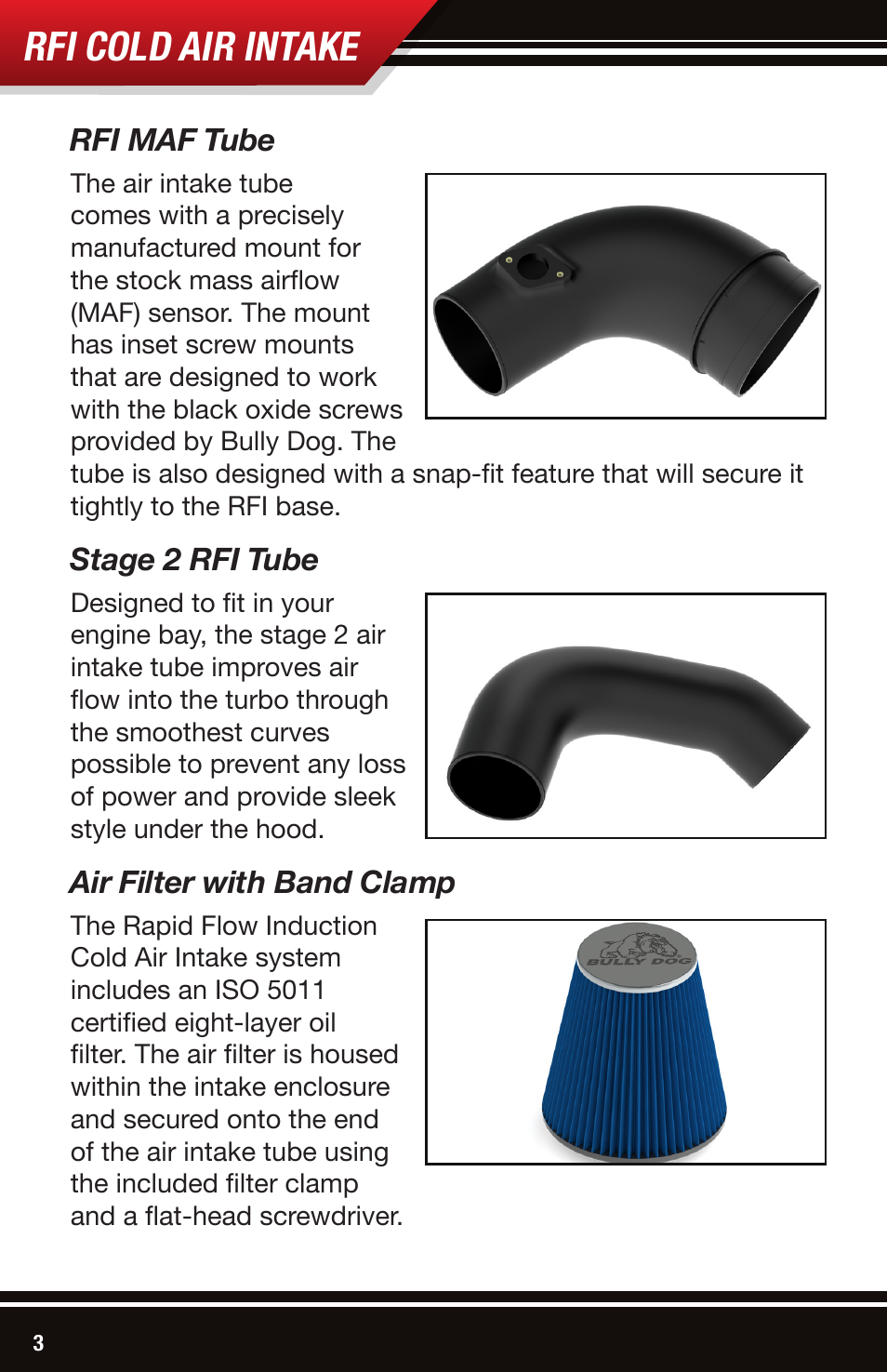 Rfi cold air intake, Rfi maf tube, Stage 2 rfi tube | Air filter with band clamp | Bully Dog 53106 Rapid Flow Induction (RFI) Cold Air Intake User Manual | Page 4 / 16