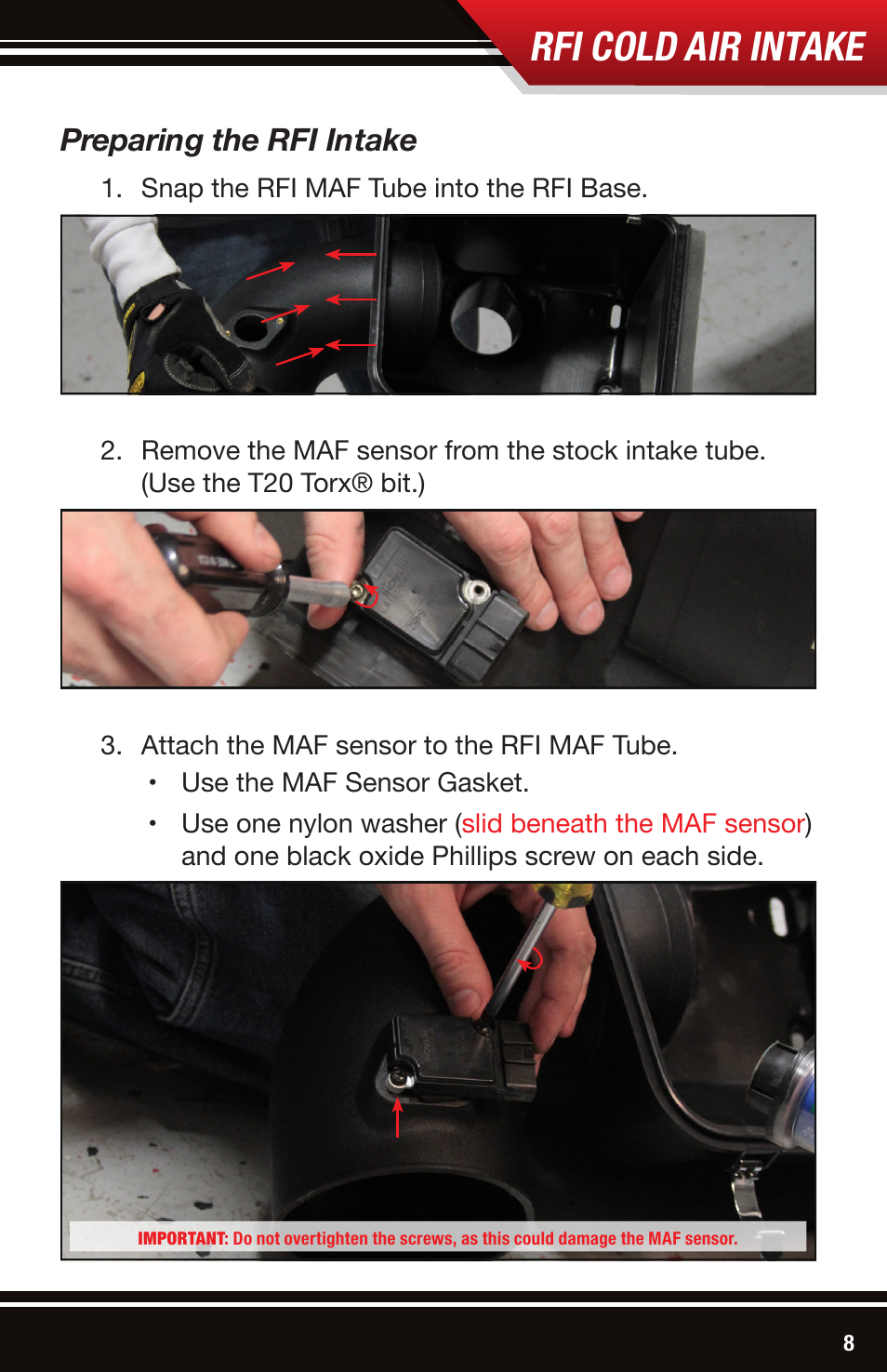 Rfi cold air intake, Preparing the rfi intake | Bully Dog 53106 Rapid Flow Induction (RFI) Cold Air Intake User Manual | Page 9 / 16