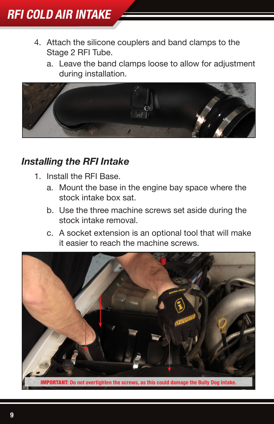 Rfi cold air intake, Installing the rfi intake | Bully Dog 53105 Rapid Flow Induction (RFI) Cold Air Intake User Manual | Page 10 / 16
