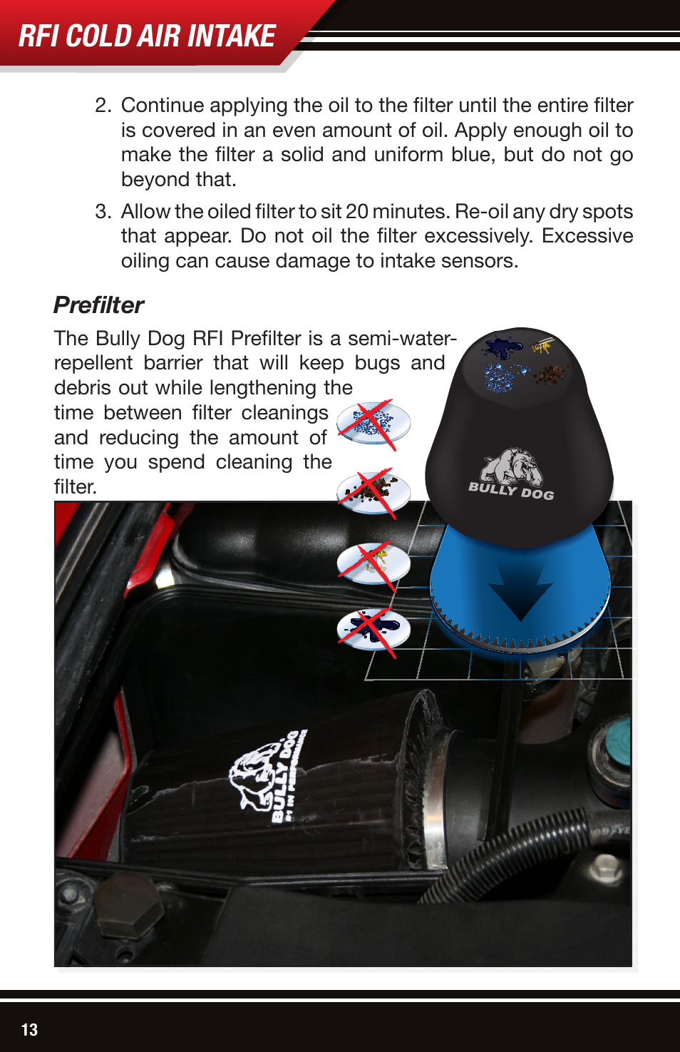 Rfi cold air intake, Prefilter | Bully Dog 53105 Rapid Flow Induction (RFI) Cold Air Intake User Manual | Page 14 / 16