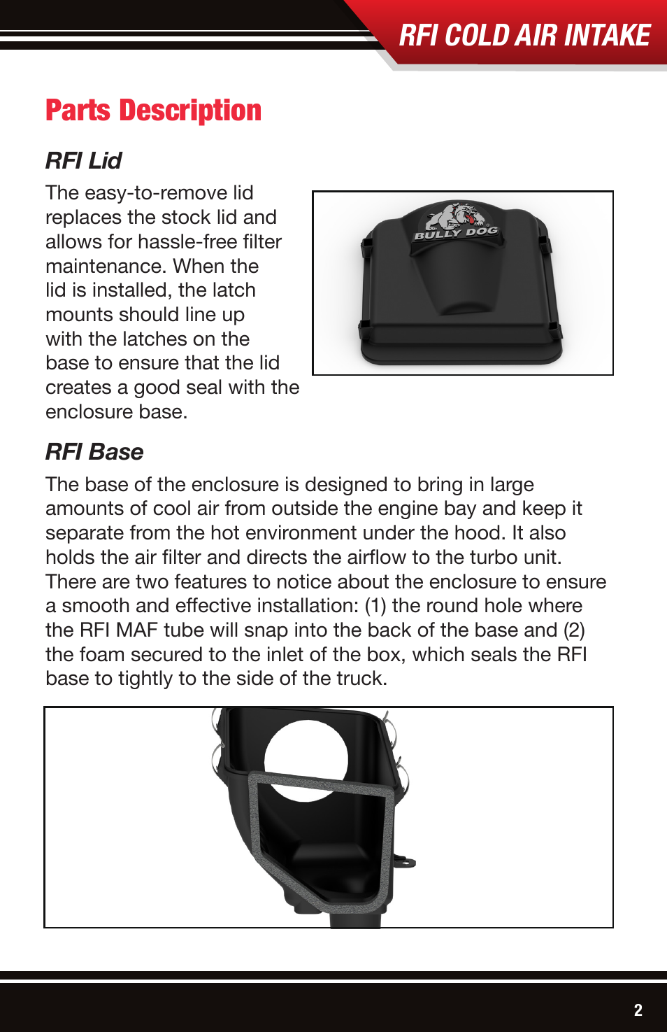 Rfi cold air intake, Parts description, Rfi lid | Rfi base | Bully Dog 53105 Rapid Flow Induction (RFI) Cold Air Intake User Manual | Page 3 / 16