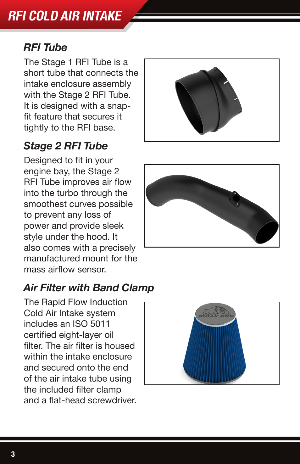 Rfi cold air intake, Rfi tube, Stage 2 rfi tube | Air filter with band clamp | Bully Dog 53105 Rapid Flow Induction (RFI) Cold Air Intake User Manual | Page 4 / 16