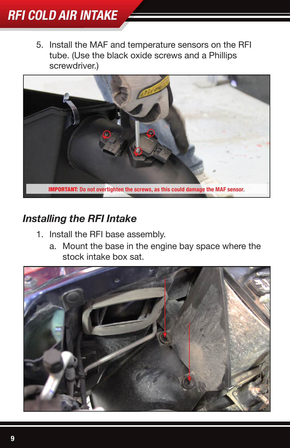 Rfi cold air intake, Installing the rfi intake | Bully Dog 52103 Rapid Flow Induction (RFI) Cold Air Intake User Manual | Page 10 / 16