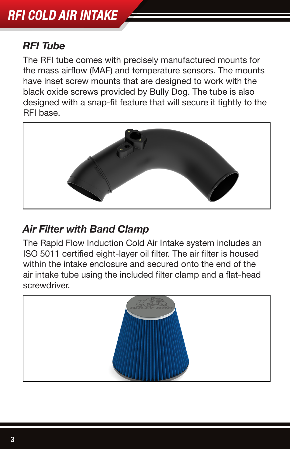 Rfi cold air intake, Rfi tube, Air filter with band clamp | Bully Dog 52103 Rapid Flow Induction (RFI) Cold Air Intake User Manual | Page 4 / 16