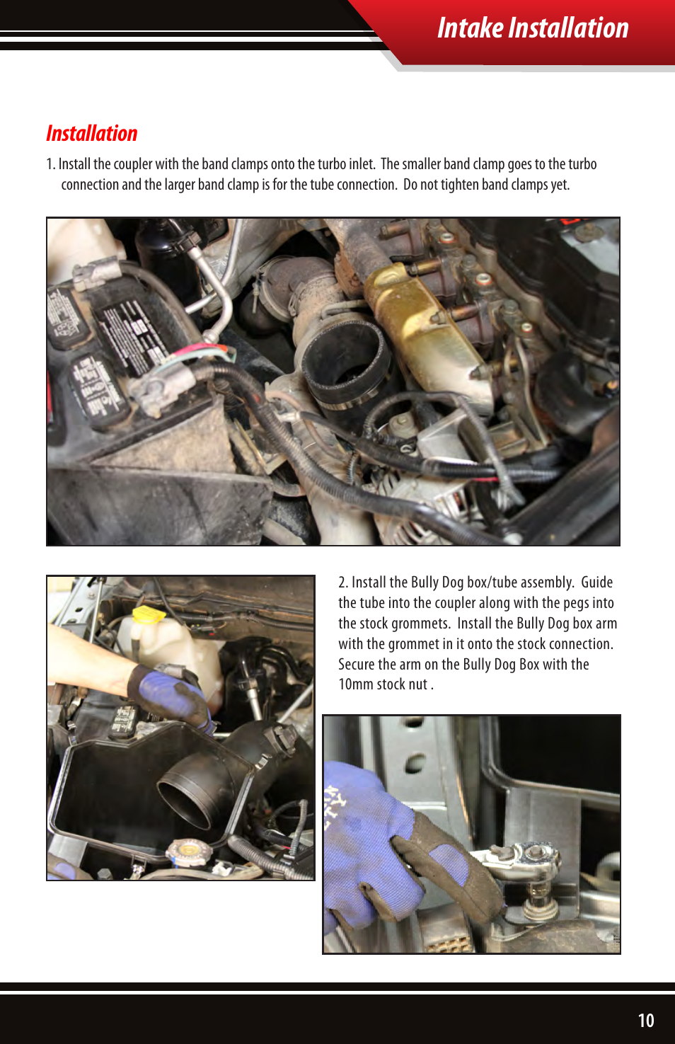 Intake installation, Installation | Bully Dog 52102 Rapid Flow Induction (RFI) Cold Air Intake User Manual | Page 11 / 16