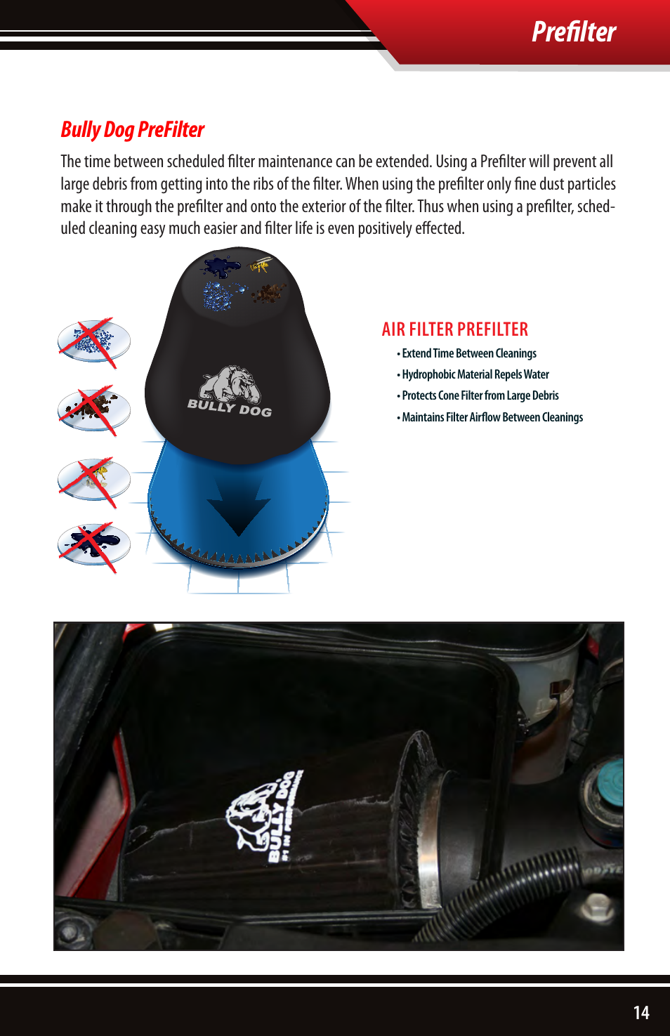 Prefilter, Bully dog prefilter | Bully Dog 52102 Rapid Flow Induction (RFI) Cold Air Intake User Manual | Page 15 / 16
