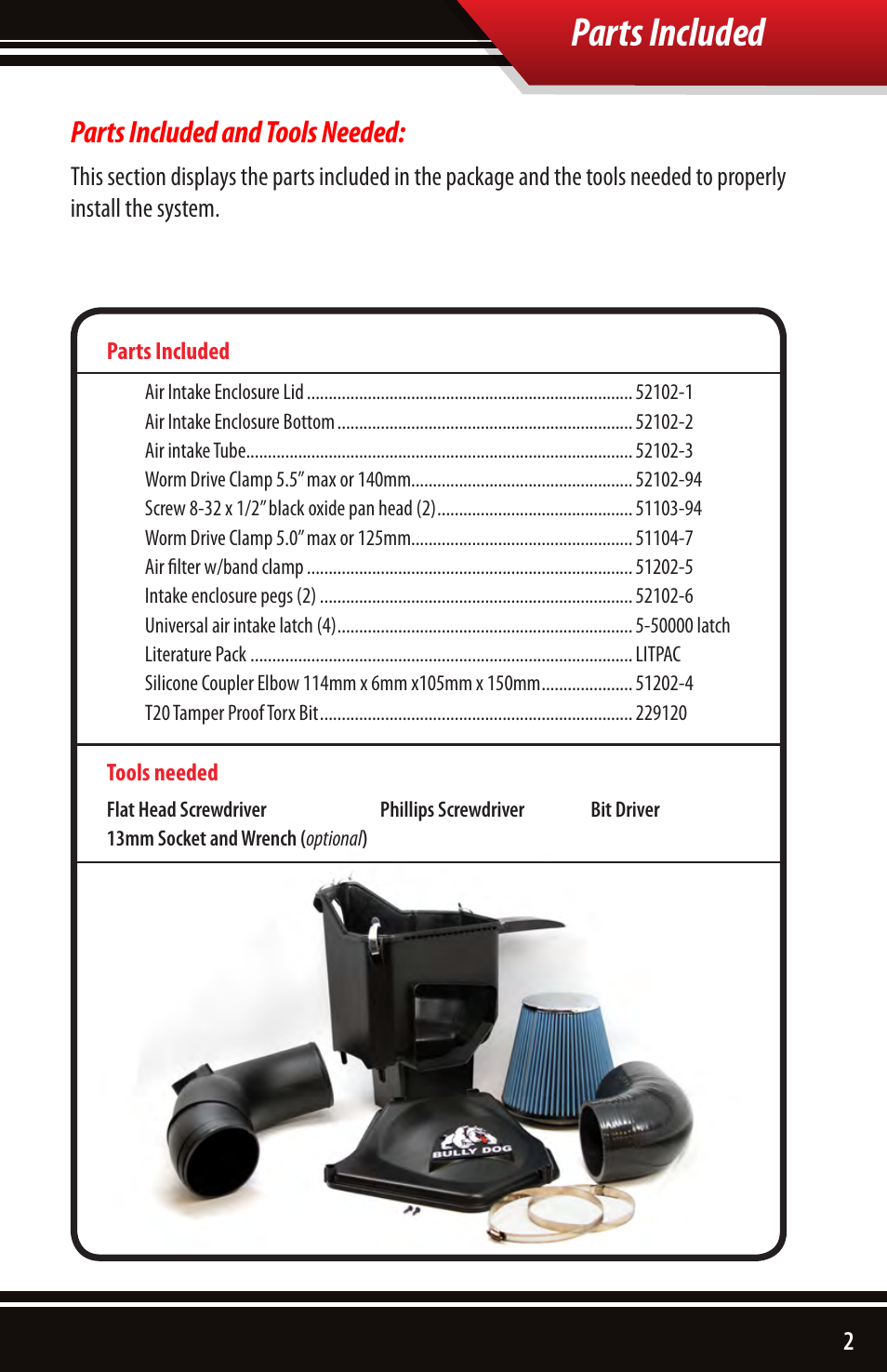 Parts included, Parts included and tools needed | Bully Dog 52102 Rapid Flow Induction (RFI) Cold Air Intake User Manual | Page 3 / 16